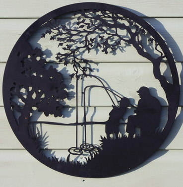 Father and Son Fishing Metal Round Wall Art - 45cm Dia - Black