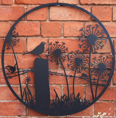 Bird on Post with Dandilions Metal Round Wall Art -  Black - Different Size Options