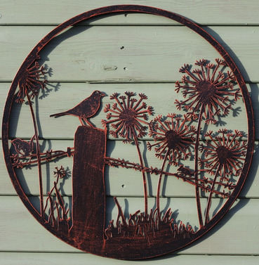 Bird on Post with Dandilions Round Metal Wall Art - 50cm Diameter - Copper Finish
