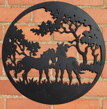 Grazing Horses Metal Round Wall Art - Black - Different Size Options