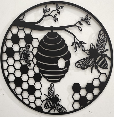 Beehive with Bees Metal Round Wall Art - 60cm Diameter - Black