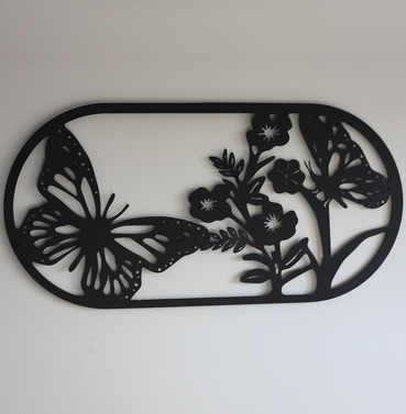 Oval Shape Butterfies and Flowers Metal Wall Art - Black