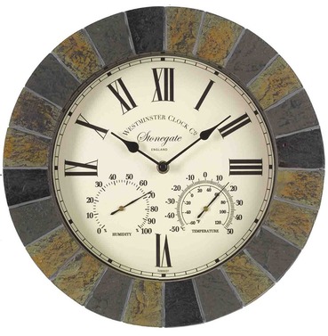 Stonegate Wall Clock and Thermometer 14" - Slate Effect