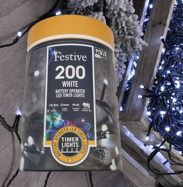 Festive 200 Battery Operated Christmas String Lights - Cool White 