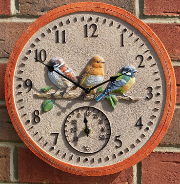Birdwood Outdoor Garden Clock - 3 Birds on Branch - 30cm