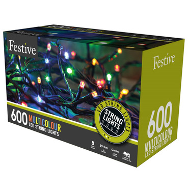 Festive 600 Multi Coloured LED Christmas String Lights