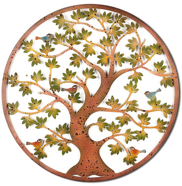 Large Colourful Tree of Life Metal Wall Art - with Leaves and Birds