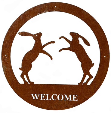 Boxing Hares Round Welcome Metal Wall Art - Small or Large Sizes Available