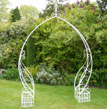 Fairy Metal Garden Arch with Planters - White Wash Aged Finish