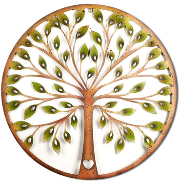 Small Green Leaf Tree of Life Metal Wall Art - Rustic Painted Design