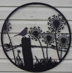 Bird on Post with Dandilions Metal Round Wall Art -  Black - Different Size Options