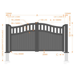 Aluminium Double Partial Privacy Bell-Curved Top Driveway Gates - Grey - Different Size Options