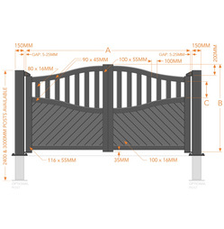 Aluminium Double Partial Privacy Bell-Curved Top Diagonal Infill Gates - Grey - Different Size Option