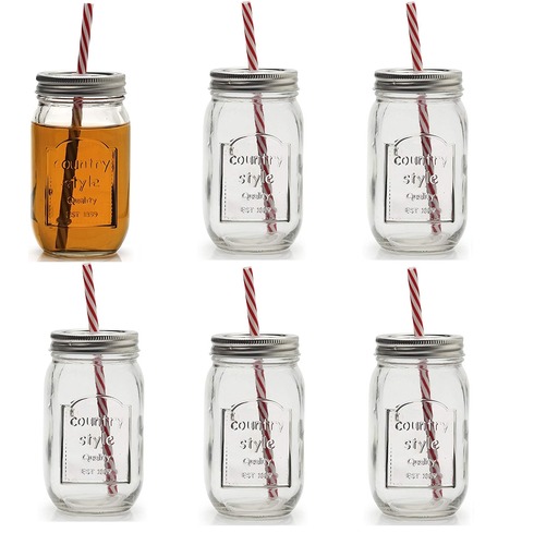 Country Style Clear Glass Jar With Straw - Kilner Style - Set of 6
